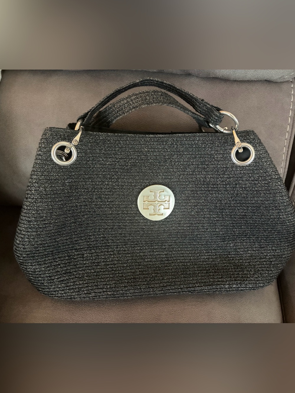 Source Unknown Black Woven Shoulder Bag with Silver Logo